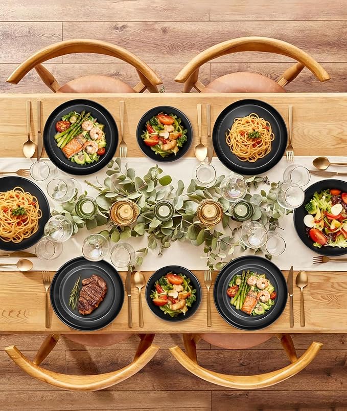 16 Pieces Ceramic Dinnerware set,Plates and Bowls Sets for 4,Black Dinnerware Set for Kitchen, Modern Design Plate Sets with Black Rim, Microwave and Dishwasher Safe