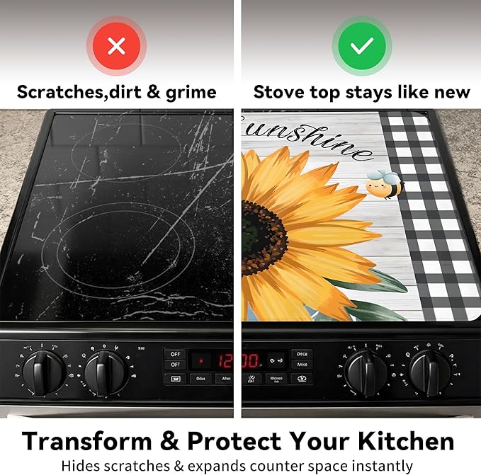 Decorative Stove Top Covers for Electric Stove 28"x20" – Heat Resistant Glass Cooktop Protector Dish Drying Mat – Non-Slip Rubber Backing Washer Top Cover Waterproof Extra Counter Space (Sunflower 1)