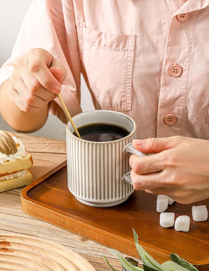 Coffee Mugs Set of 4, Ceramic Ribbed Coffee Mug, Tea Coffee Cups Set with Handle, Porcelain Mug for Americano, Latte, Cappuccino, Hot Chocolate, Glazed White