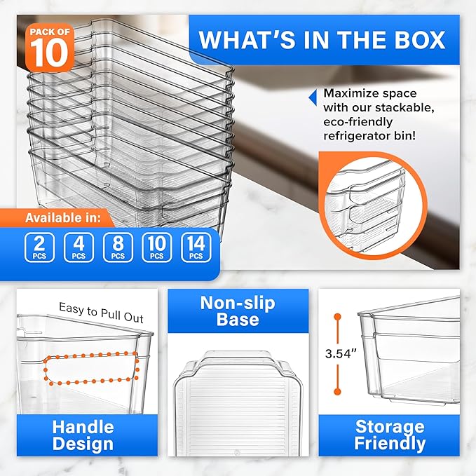 10-Piece Stackable Refrigerator Bin Organizer Set with Easy Grip Handles - Clear Multi-Purpose Storage Bins for Fridge and Pantry Use