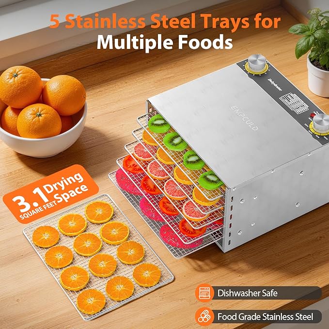 Food Dehydrator - 5 Stainless Steel Trays Dryer Machine with 194℉ Temperature Control & Adjustable Timer, 400W Meat Dehydrator for Jerky, Fruit, Veggies, Dog Treats, 50 Recipes Book Included