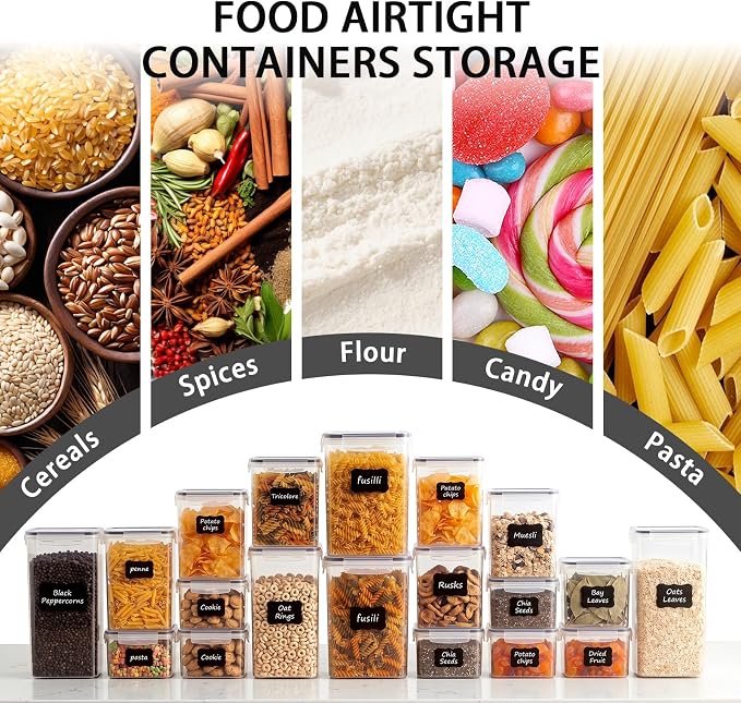 9 PCS Airtight Food Storage Containers with Lids, BPA Free Clear Plastic Kitchen and Pantry Organization and Storage Set for Flour, Sugar, Cereal, Pasta, Includes 9 Labels and Marker