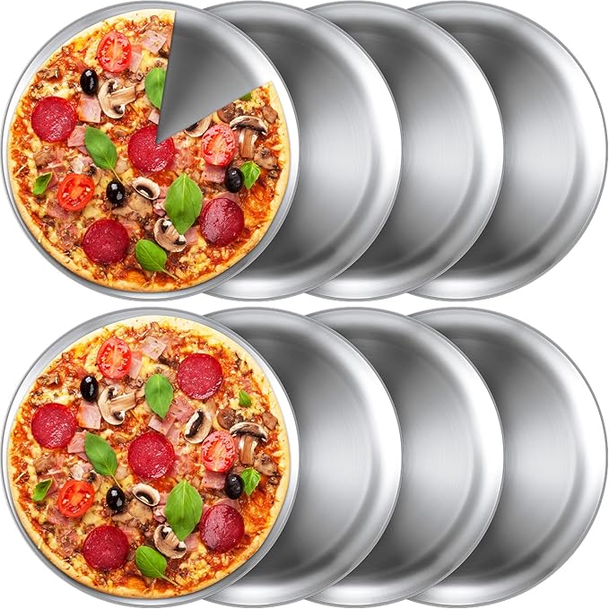 Thenshop 8 Pieces 12 Inch Pizza Pans Bulk Stainless Steel Sets Round Bakeware Pizza Trays for Oven Freezer Kitchen Baking Home Restaurant Picnics Safe Sturdy Reusable Easy Clean(Silver)