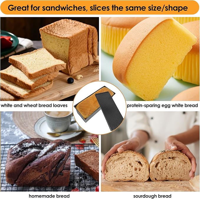 2-Pack Black 13inch Pullman Loaf Pan with Lid, Premium Aluminized Steel Non-Stick Coating Bread Pan, PFTE and PFOA-Free, Safe and Healthy Baking for Homemade Bread with Family-sized