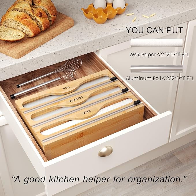 Wrap Dispenser with Cutter and Labels, Plastic Wrap Organizer For Kitchen,Bamboo 3-in-1 Wrap Dispensers for Cling Wrap Aluminum Foil and Wax,Storage Organization Holder（Natural）