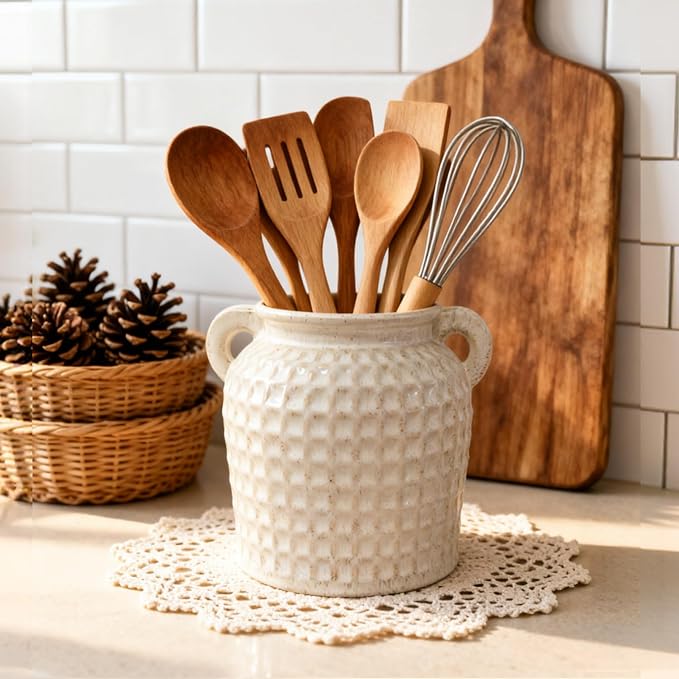 Rustic Kitchen Utensil Holder with Handle, 6.5" Ceramic Farmhouse Stable Utensil Crock for Countertop, Vintage Cooking Tool Organizer & Spatula Holder For Kitchen Decor (White)