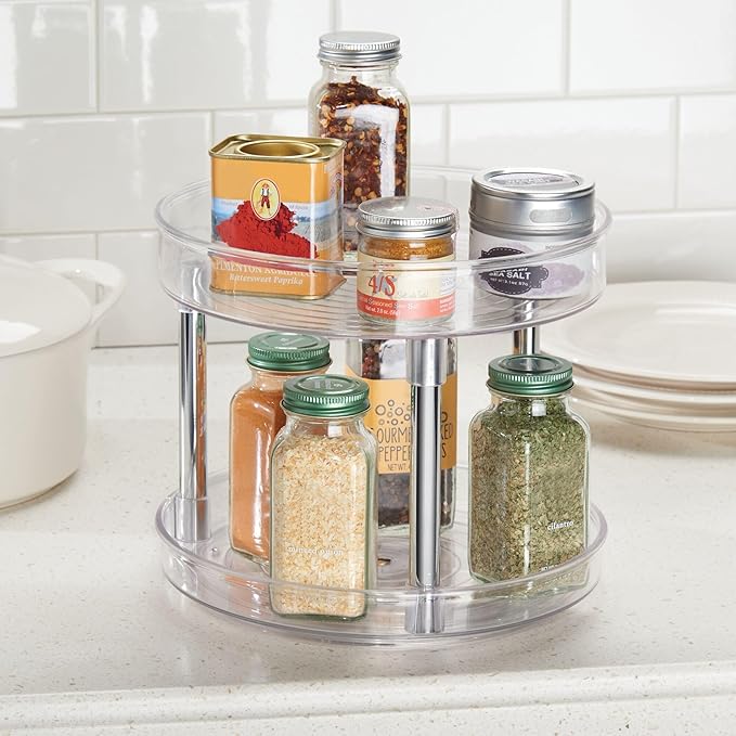 iDesign 9-Inch Plastic 2-Tier Lazy Susan Turntable - Set of 2 - Clear/Chrome