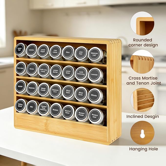 Bamboo Tiered Spice Rack Organizer for Cabinet,Wooden Seasoning Rack for Countertop, Cupboard, Pantry, Kitchen (Spice Jars Not Included)
