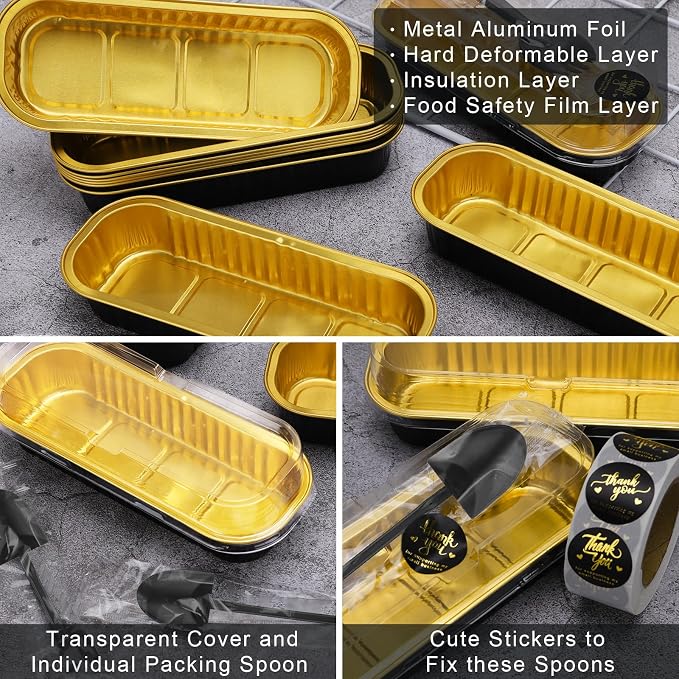 100Pack Aluminum Foil Mini Loaf Pans With Lids, 6.8 Oz Rectangle Baking Cups Muffin Tins,Disposable Pans Holders For Brownie Cake Bread -Black In Gold