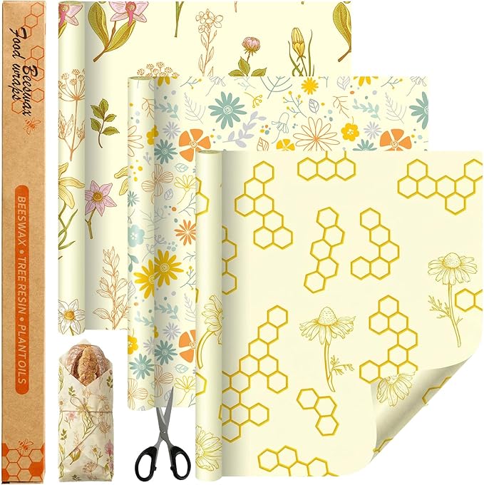 3 Rolls Beeswax Wraps for Food 13'' x 59'' Bees Wax Wraps Reusable Bees Beeswax Storage Wrap for Food Sustainable Honeycomb Floral Organic Cotton Wrap for Bread Sandwich Cheese Fruit