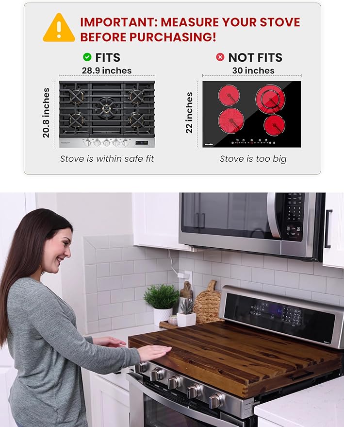 TIDITA Stove Top Covers for Electric Stove 30”x22” (Outer) / 28.9”x20.8” (Inner) - Acacia Wood Noodle Board for Gas Stovetop - Stove Top Covers for Gas Burners, Sink Cutting Board (Walnut color)
