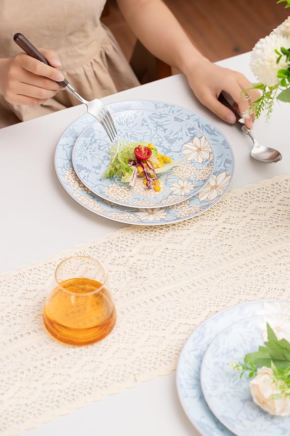 FHGNYSM High Bone China Dinnerware Set, 12-Piece Artistic Blue Plates and Bowls, Lightweight & Chip Resistant Ceramic Service for 4, Dishwasher Safe Elegant Kitchen Dining