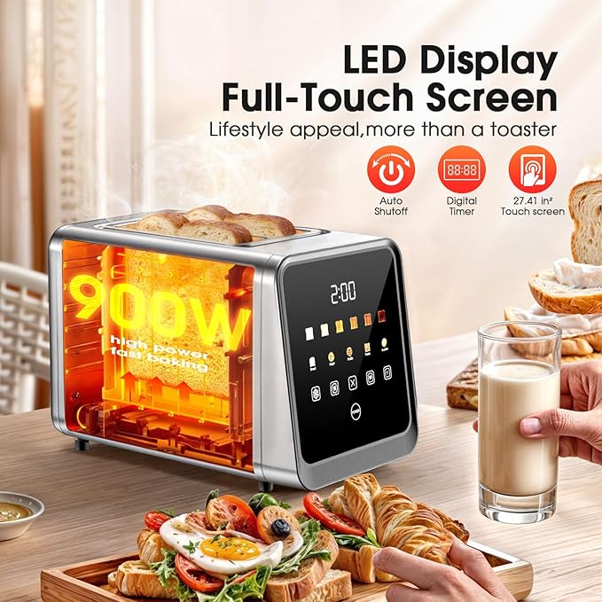 Touch Screen Toaster, 2 Slice, Smart Digital with 1-Touch Memory, 1.5" Wide Slots for Bagels, Brushed Stainless Steel, 900W