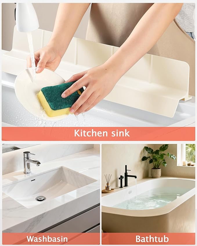 Kitchen Sink Splash Guard 23"18" Self-Draining Silicone Water Guard with High Splash Wall & Strong Suction Cups for Faucet, Countertop & Sink Edge, Keeps Sinks Dry, Dishwasher Safe,Cream