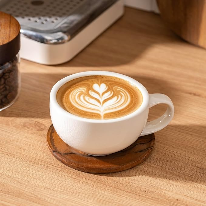 Crackle Glaze Ceramic Coffee Cup with Walnut Wood Saucer, 10oz White Latte Cappuccino Mug, Unique Handmade Cracked Exterior Glaze Espresso Coffee Mug Set for Home Café Office Cup and Saucer Set of 1