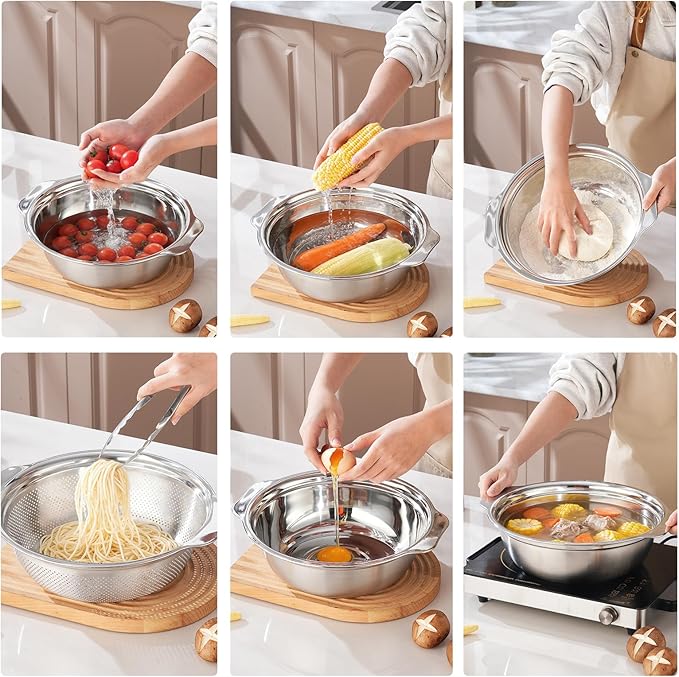 Colander for Kitchen Stainless Steel, 4QT Rice Strainer Bowl with Handle for Washing Pasta, Spaghetti, Vegetables, Fruit, Durable Use, Dishwasher Safe(2PC)