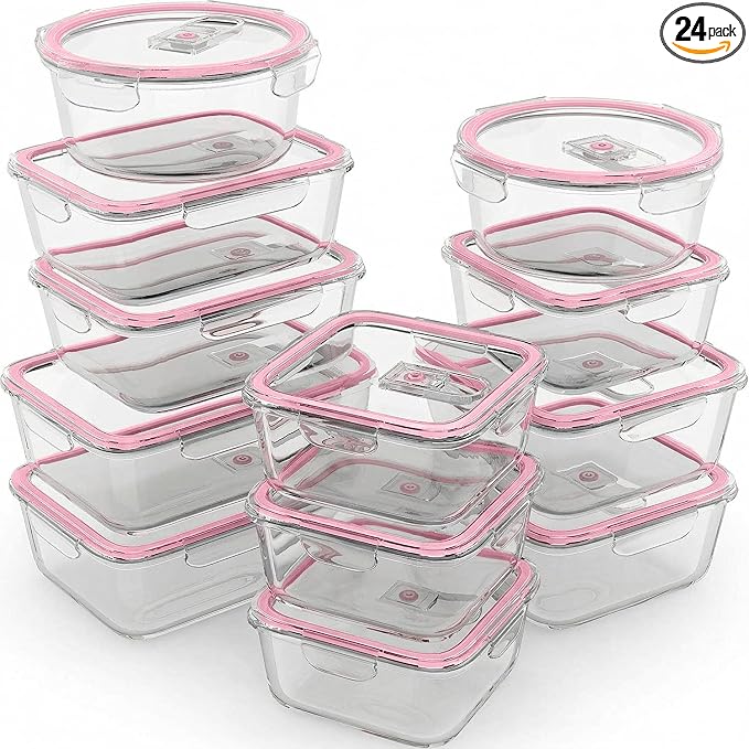 Razab 24 Pc Airtight Glass Food Storage Containers - Glass Meal Prep Containers - Freezer to Oven Safe - Steam Release Valve BPA Free - Airtight Bento Boxes - Leak Proof (12 lids & 12 Containers)