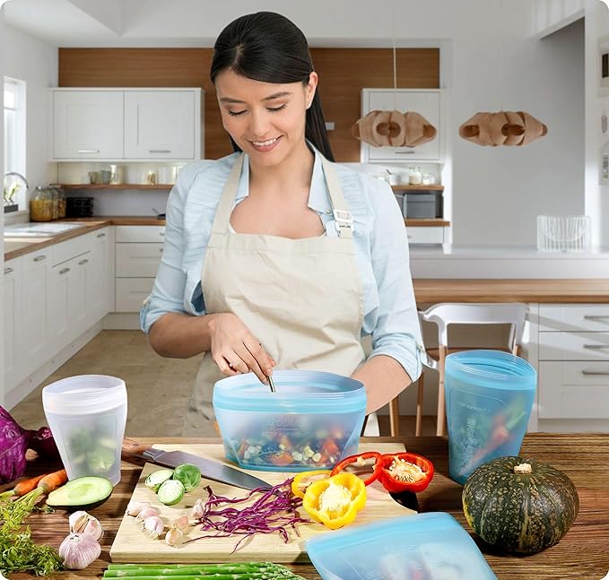 Zip Standing Reusable Blue and WhiteSilicone Food Storage Bag, Stand Up Food Storage Container, Reusable Zipper seal bag, no lid required, for Food Storage& Meal Prep, Freezer Oven Dishwasher - Safe,