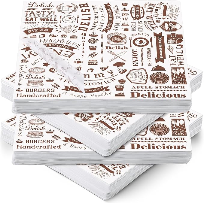 Marspark Deli Wax Paper Sheets 12 x 12 Inches Square Grease Resistant Tray Basket Liners Hot Dog Wrappers Newsprint Water and Grease Proof Sandwich Wrapping Paper for Food Baking(Brown White,200 Pcs)
