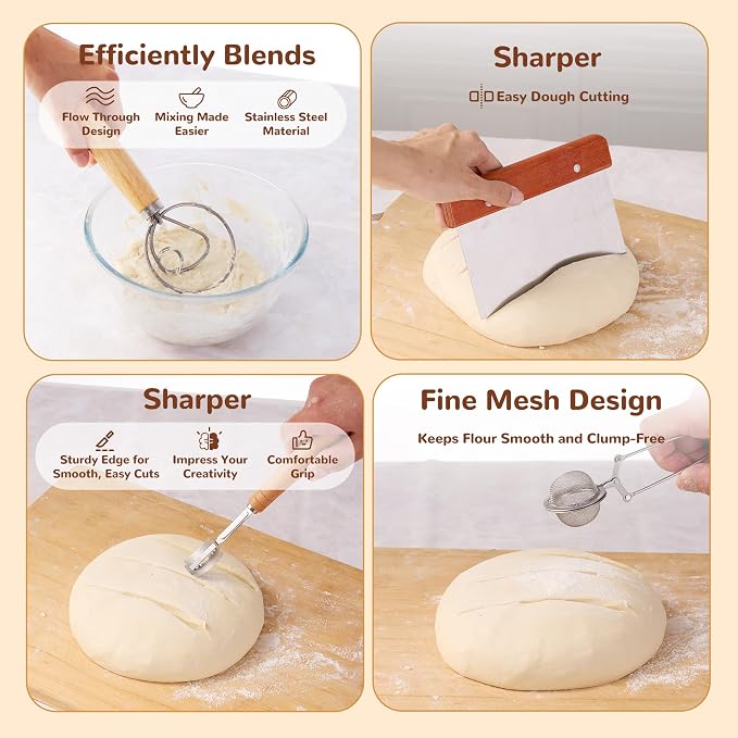 Sourdough Starter Kit, 9" Round and 10" Oval Banneton Bread Baking Supplies, Bread Making Tools Kit, Sourdough Proofing Basket, Sourdough Kit Gifts for Bakers Women Wife Mom
