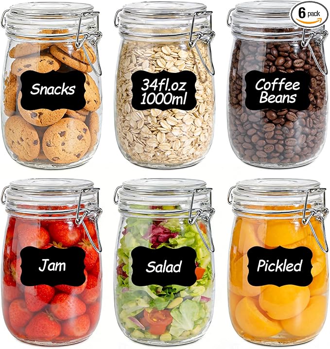 34oz 6 Pack Glass Jars with Airtight Lids - Round Food Storage Canisters for Pantry Organization, Ideal for Sugar, Cookies, Candy, Coffee, Nuts & Dry Goods | Thick Glass,BPA-Free