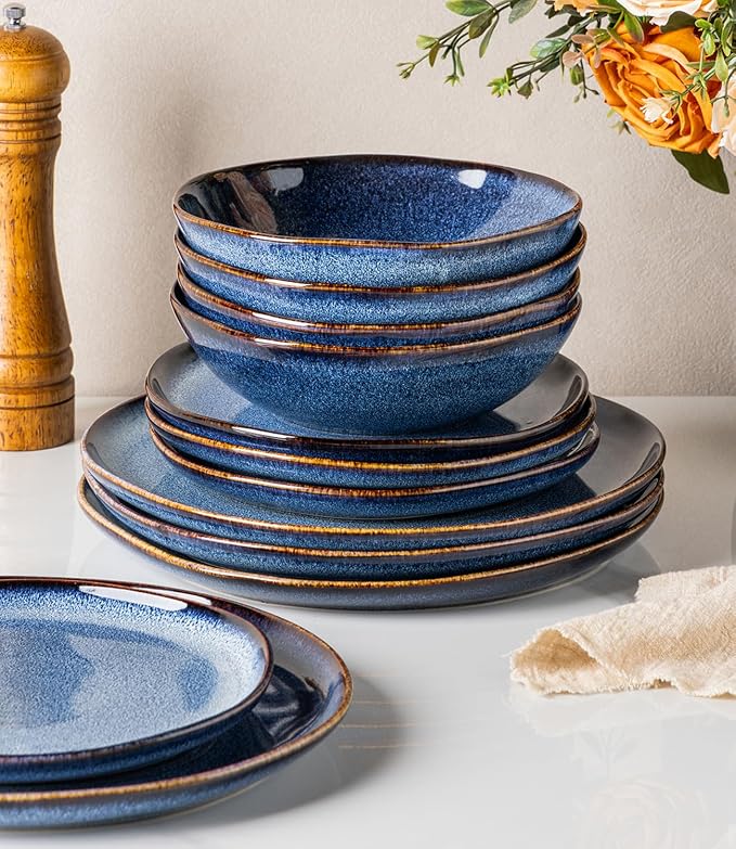 GBHOME Stoneware Dinnerware Sets for 8, 24 Pieces Rustic Earthenware Plates and Bowls Set, Handmade Reactive Glaze Ceramic Plate Sets, Chip Resistant Dishes, Microwave & Dishwasher Safe, Sea Blue
