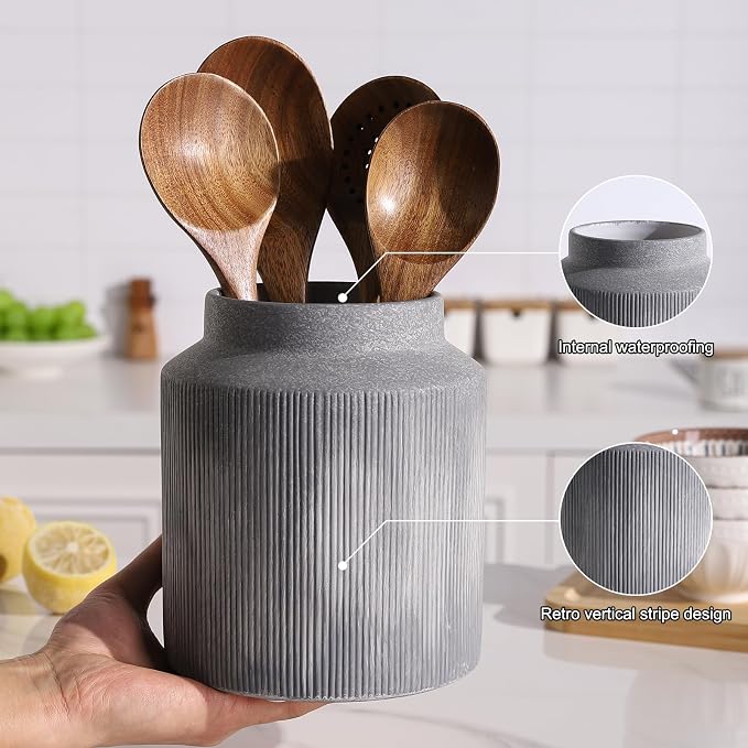 Farmhouse Ceramic Farmhouse Kitchen Utensil Holder for Countertop, Rustic Cooking Utensil Holder Crock Fit for Kitchen Counter.Grey 6.1 x 6.1 x 7 IN