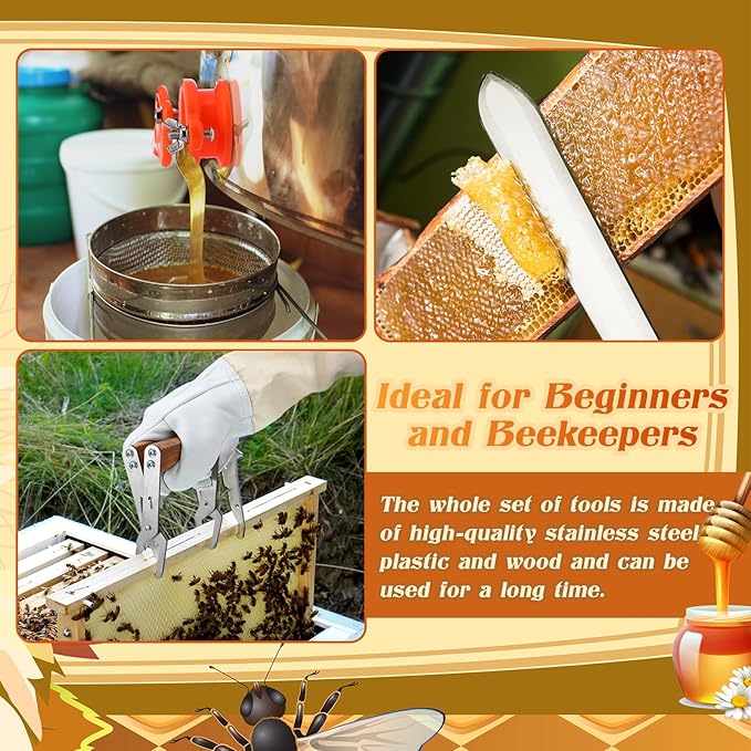 7 Pcs Honey Harvesting Kit, 5 Gallon Honey Bucket with Gate, Double Sieve Stainless Steel Strainer, Supports, Uncapping Fork, Scraper Knife, Filter Bag for Honey Extractor Beekeeping Supply
