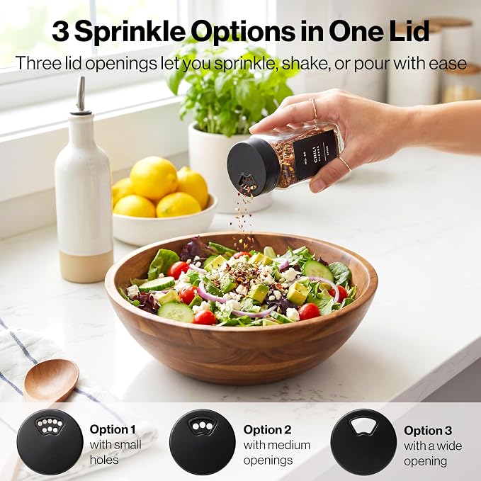 EDELHAUS Glass Spice Jars with Label and Black Rotating Lids (24 x 4oz) Spice Containers with 240 Labels, Shaker Inserts, Steel Funnel, Empty Square Containers