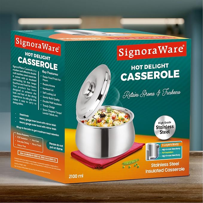SIGNORA WARE Large Insulated Casserole Dish with Lid 1500ml. Stainless steel Hot Pot Food Warmer/Cooler -Thermal Soup/Salad Serving Bowl Stainless Steel Hot Food Container–Best Gift Set for Moms