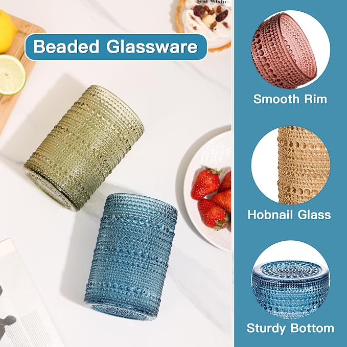 JOVGANK Colored Vintage Hobnail Drinking Glasses Set of 6, Water Tumbler 15oz, Kitchen & Bar Beaded Highball Glasses, Beverage Glass Cups for Water, Beer, Juice, Housewarming and Mother's Day Gift