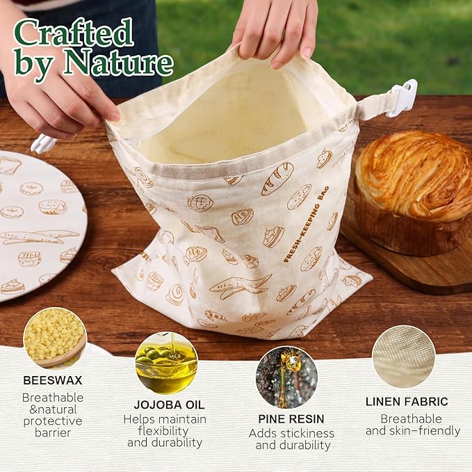 5PCS Beeswax Bread Bags with Zipper Seal, Reusable Beeswax Wrap, Plastic-Free Food Storage Wrap, 2 Sourdough Natural Beeswax Bread Storage Bag, 1 Wrap, 2 Bowl Cover