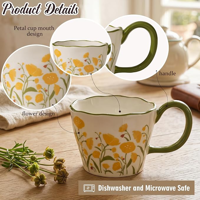 Cute Floral Coffee Mug Set of 4-12oz Ceramic Flower Embossed Cups with Petal Handles, Dishwasher and Microwave Safe
