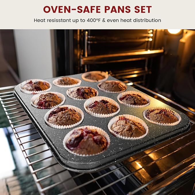 Terlulu 10-Piece Baking Pans Set, Bakeware Sets Nonstick, Baking Set for Oven Cooking, Stackable Carbon Steel Set Include Cookie Sheets, Muffin Pan, Cake Pan, Pizza Pan, Loaf Pan, Roasting Pan, Black