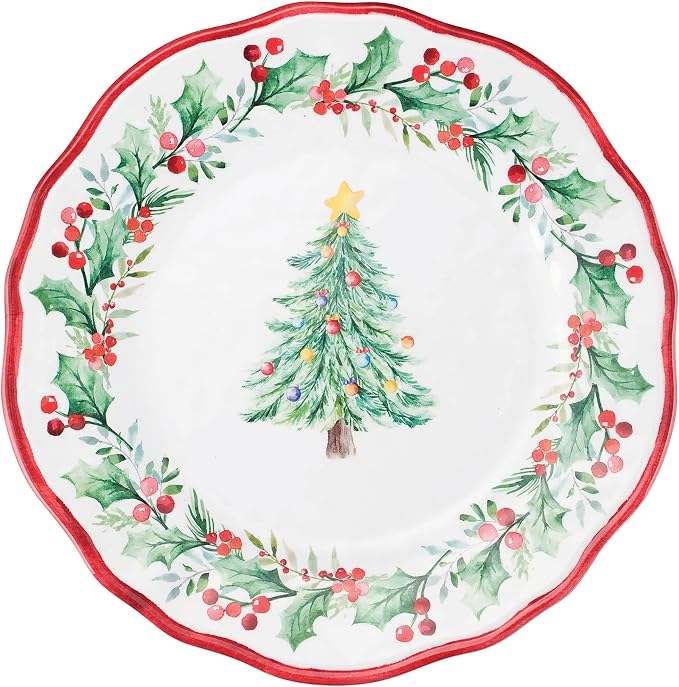 UPware 16 Piece Christmas Tree Melamine Dinnerware Sets, Outdoor Dishes Set, Plates and Bowls Sets, Christmas Decorations, Service for 4, Red