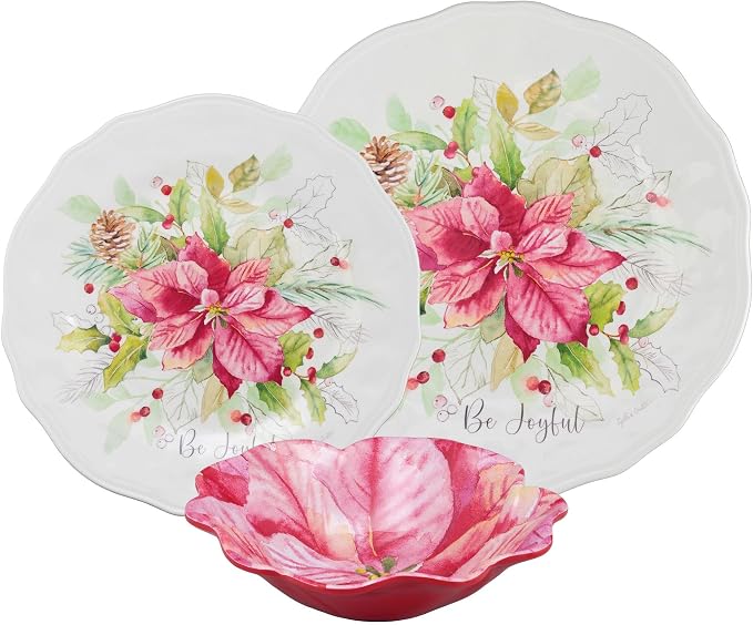 UPware 12 Piece Joyful Holiday Melamine Dinnerware Sets, Outdoor Dishes Set, Plates and Bowls Sets, Christmas Decorations, Service for 4, Red
