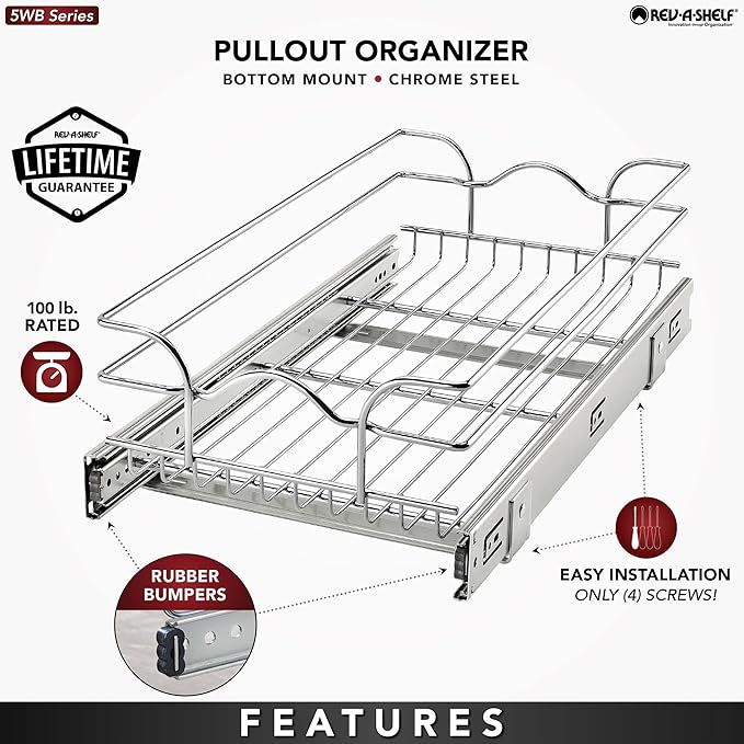 Rev-A-Shelf Pullout Kitchen Cabinet Drawer and Rolling Organizer Cabinet Pantry Storage Basket in Multiple Sizes, 12 x 22 in, 5WB1-1222CR-1