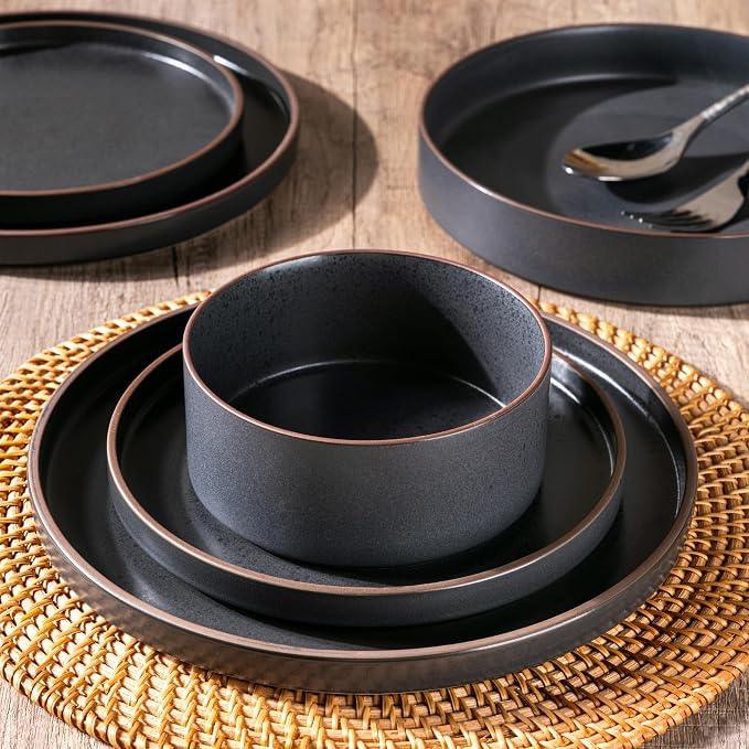 LERATIO Ceramic Dinnerware Sets for 6, High Edge Stoneware Plates and Bowls Set, Chip and Crack Resistant | Oven & Dishwasher & Microwave Safe Dishes Set, Service for 6 -Ashen