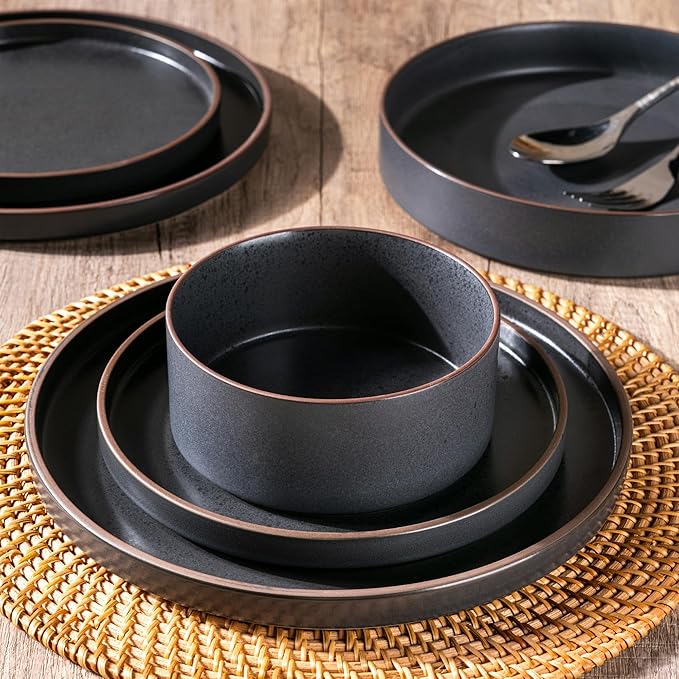 LERATIO Ceramic Dinnerware Sets of 4, High Edge Stoneware Plates and Bowls Set, Chip and Crack Resistant | Oven & Dishwasher & Microwave Safe Dishes Set, Service for 4 -Ashen