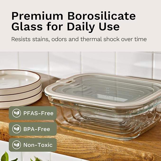 Naked Kitchen 8-Piece Food Storage Containers with Lids – Nesting Borosilicate Glass Meal Prep Containers with Leak-Proof Airtight Seal – BPA Free, Microwave, Oven, Freezer & Dishwasher Safe – Black