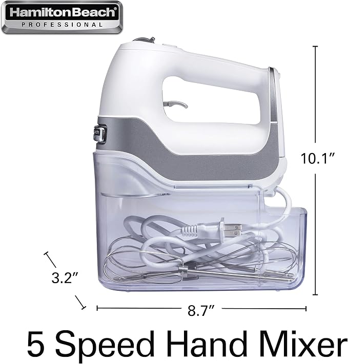 Hamilton Beach Professional 5-Speed Electric Hand Mixer | High-Performance DC Motor | Slow Start | Snap-On Storage Case | Stainless Steel Beaters & Whisk | White| 62652