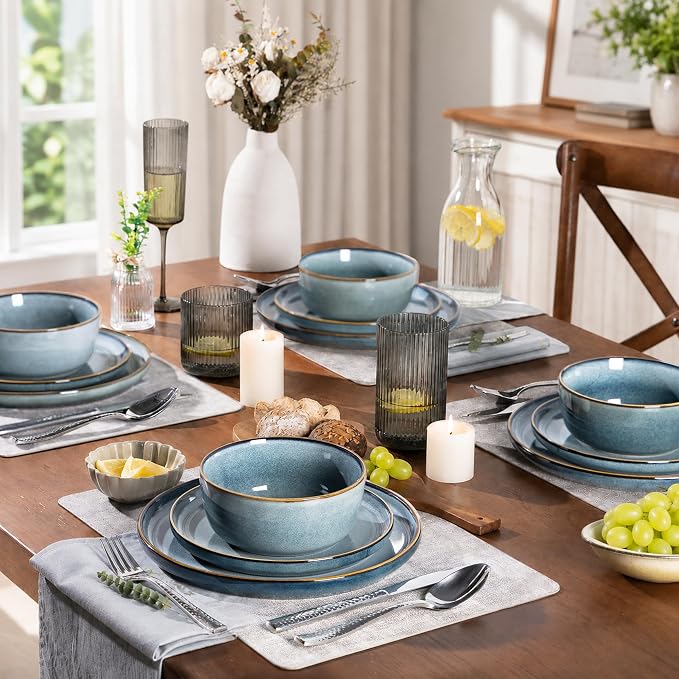 GBHOME Ceramic Dinnerware Sets for 6, 18 Pieces Stoneware Plates and Bowls Sets, Scratch Resistant Dishes, Dishwasher & Microwave Safe, Space Blue