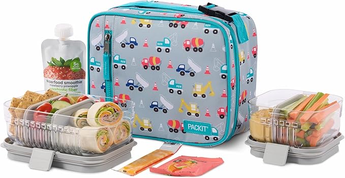 PackIt Freezable Classic Lunch Box, Construction Trucks, Built with EcoFreeze Technology, Collapsible, Reusable, Zip Closure With Zip Front Pocket and Buckle Handle, Designed for Fresh Lunch On the Go