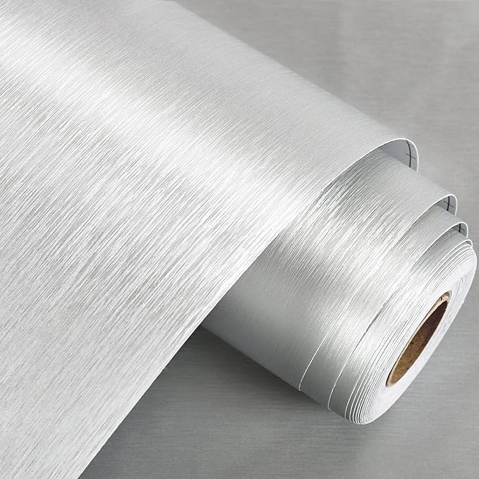 WESTICK Textured Stainless Steel Peel and Stick Aluminum Adhesive Sheet Brushed Metalic Silver Wallpaper Peel and Stick Stainless Steel Contact Paper for Appliances Refrigerator Dishwasher 15.8"x394"