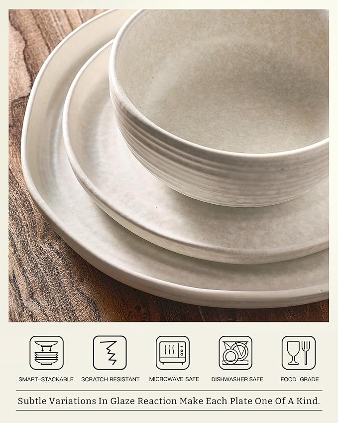 Famiware Pluto Stoneware Dinnerware Sets, 12-Piece Double Reactive Glaze Plates and Bowls Sets, Dishware Sets for Everyday & Formal Dining, Irregular Edge Dishes, Service for 4, Matte Beige White