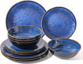 Rustic Farmhouse 12 Piece Melamine Dinnerware Sets - Service for 4, Lightweight with 11" Platesx4,9"Salad Pates x4 and 8"Bowlsx4, for Indoor and Outdoor Use, Unbreakable Kitchen Dinnerware, Blue