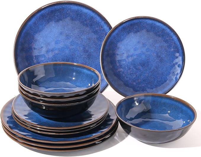 Rustic Farmhouse 12 Piece Melamine Dinnerware Sets - Service for 4, Lightweight with 11" Platesx4,9"Salad Pates x4 and 8"Bowlsx4, for Indoor and Outdoor Use, Unbreakable Kitchen Dinnerware, Blue