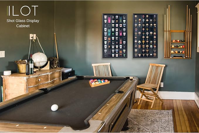 Shot Glass Display Cabinet Solid Wood - Large Display Case for Collectibles | Man Cave Accessories | UV Protection Acrylic Door | Wall Mounted Black Shadow Box | 52 Divided Slots | 32" x 17"