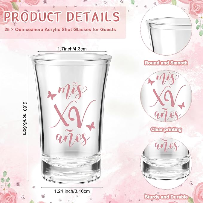 Havawish 25 Sets Quinceanera Party Favors for Guests Quinceanera Acrylic Clear Personalized Shot Glasses Thank You Cards with Organza Bags Mis Xv Años Sweet 15 Birthday Party Favors (Pink)