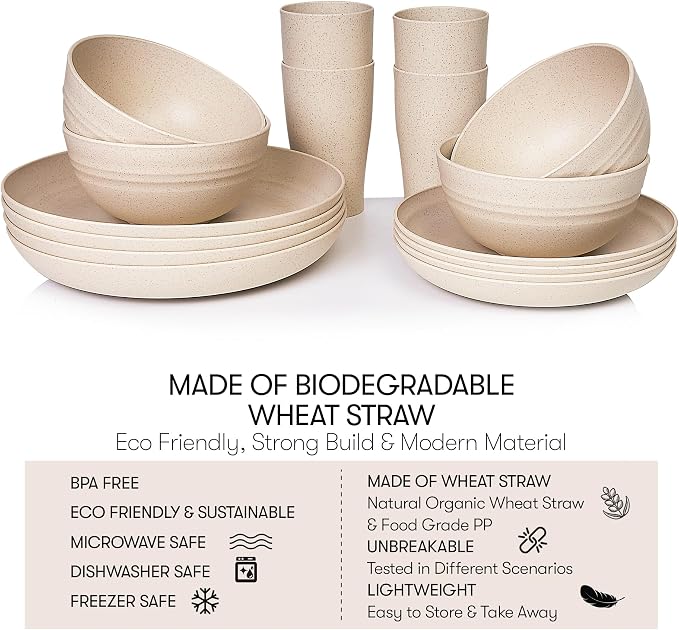 Wheat Straw Dinnerware Sets | Unbreakable Dinnerware Sets | Dishwasher Microwave Safe Dinnerware | Eco Friendly Non Breakable Dinnerware Sets | RV Outdoor Camping (Beige, Service for 4 (16 pcs))